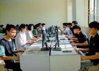 A group of students focused on computer tasks in a classroom setting, fostering teamwork.