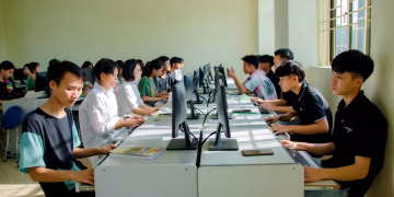 A group of students focused on computer tasks in a classroom setting, fostering teamwork.