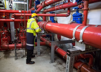 Engineer with safety gear inspecting red industrial piping system indoors.