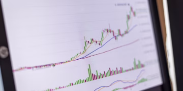 Close-up of a trading screen showing an increasing stock market chart.