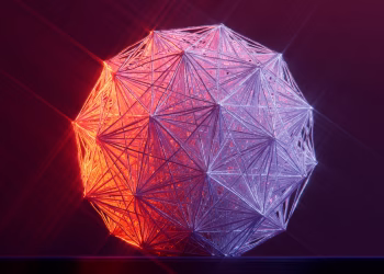 A captivating abstract 3D geometric shape illuminated in red and purple hues against a dark background.