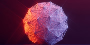 A captivating abstract 3D geometric shape illuminated in red and purple hues against a dark background.