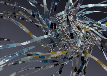 Intricate wireframe with dynamic ribbons in an abstract 3D composition.