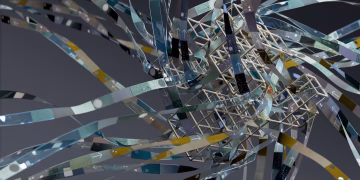 Intricate wireframe with dynamic ribbons in an abstract 3D composition.