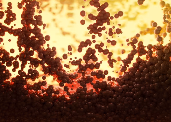 Dynamic abstract image of molecules with vibrant warm tones, highlighting scientific visualization.