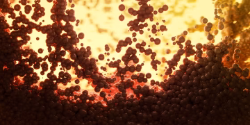 Dynamic abstract image of molecules with vibrant warm tones, highlighting scientific visualization.