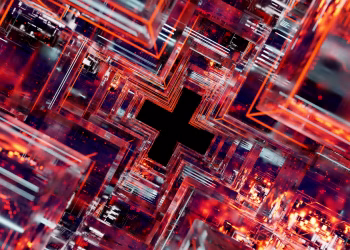 Abstract view of futuristic technology inspired circuitry in vivid colors.
