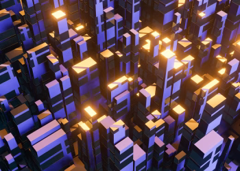 Modern abstract cityscape with glowing lights creating an urban skyline illusion at night.