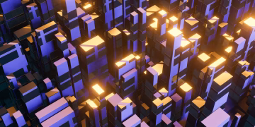 Modern abstract cityscape with glowing lights creating an urban skyline illusion at night.