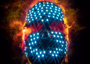 Abstract image of a digital skull with glowing neon lights, representing technology and innovation.