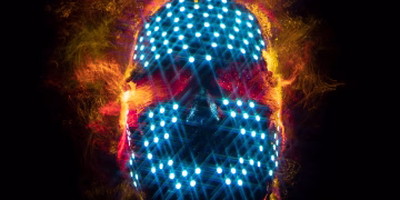 Abstract image of a digital skull with glowing neon lights, representing technology and innovation.