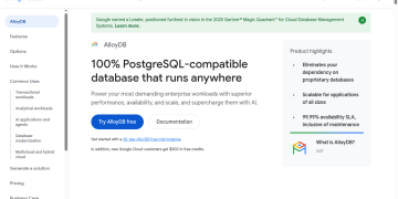 구글 클라우드 AlloyDB 공식 제품 페이지 화면. 화면: Google Cloud