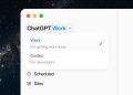 ChatGPT desktop app menu with Work selected above Codex, Scheduled, and Sites.