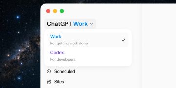 ChatGPT desktop app menu with Work selected above Codex, Scheduled, and Sites.