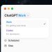 ChatGPT desktop app menu with Work selected above Codex, Scheduled, and Sites.