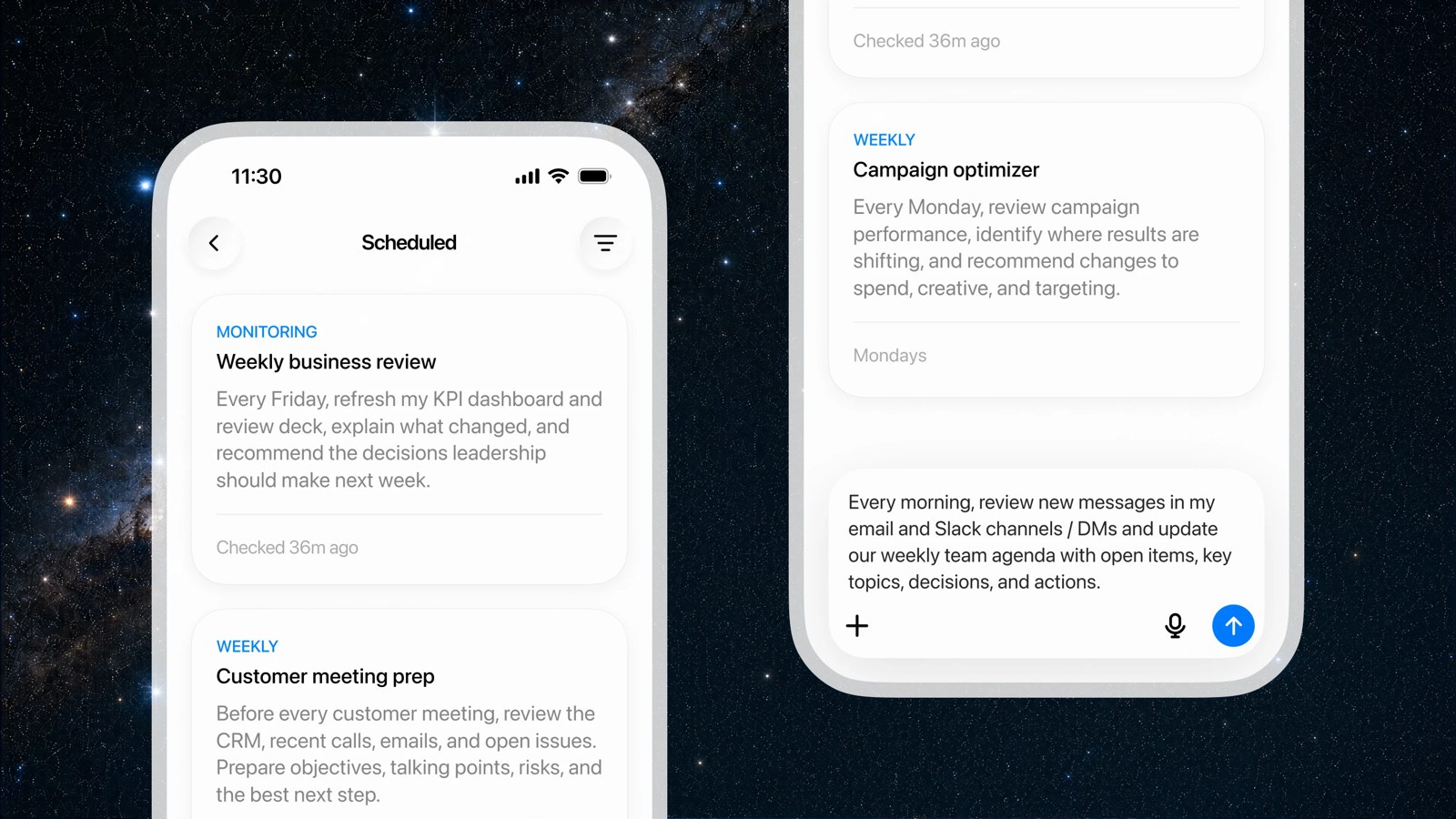 ChatGPT Scheduled tasks for a weekly business review, customer meeting preparation, and campaign optimization on mobile.