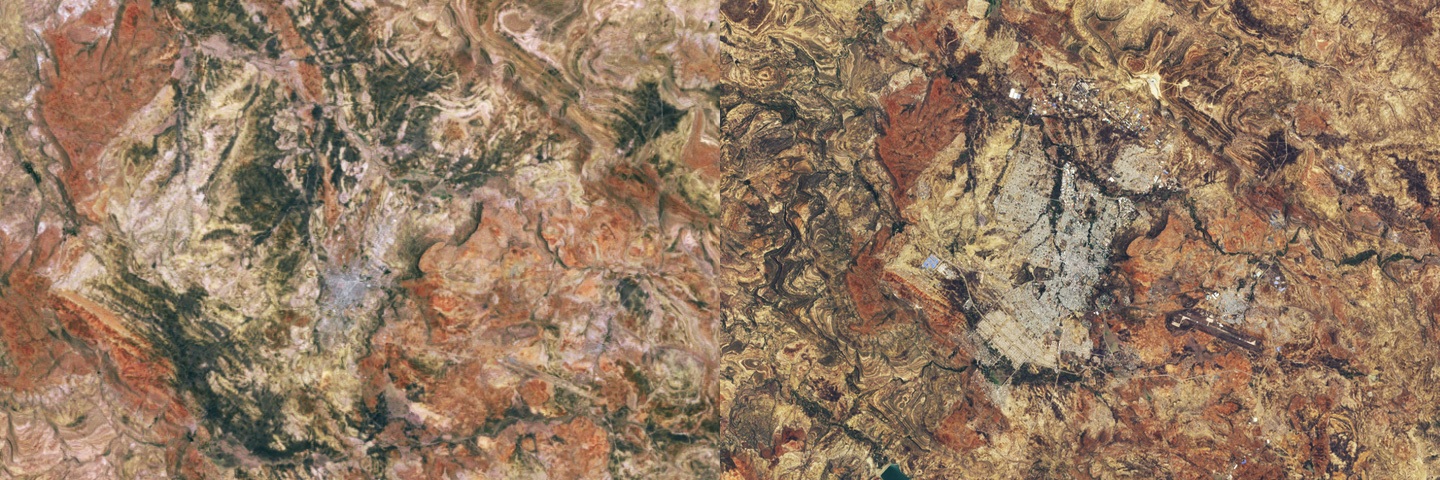 1984년과 2025년 에티오피아 메켈레 도시 확장을 비교한 Landsat 위성영상