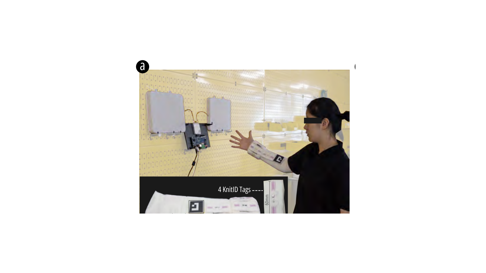 머신니팅 RFID 안테나 네 개를 소매에 통합하고 주변 리더 두 대로 신호를 읽는 KnitID 시스템 실험 구성