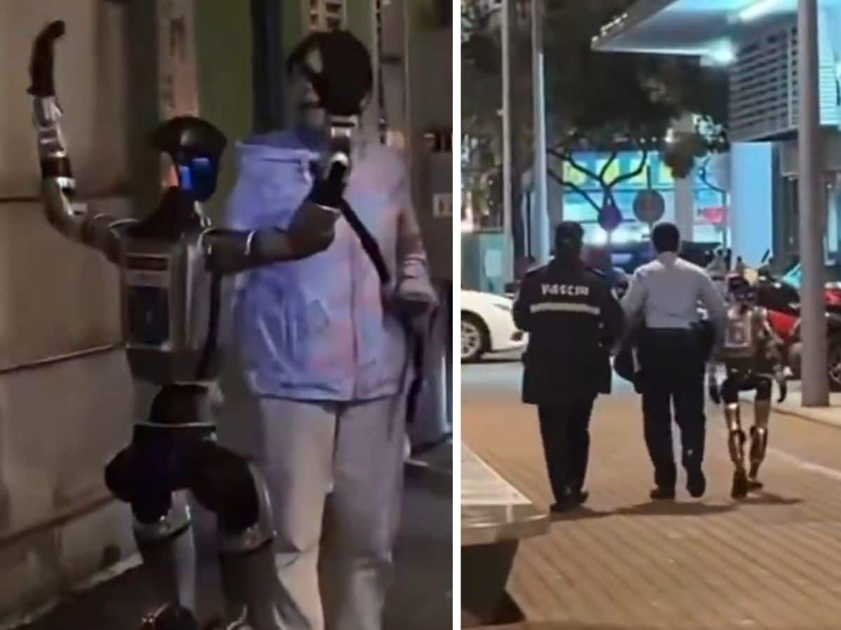 야간 보도에서 휴머노이드 로봇이 보행자 가까이 팔을 든 장면과 관계자 옆을 걷는 장면