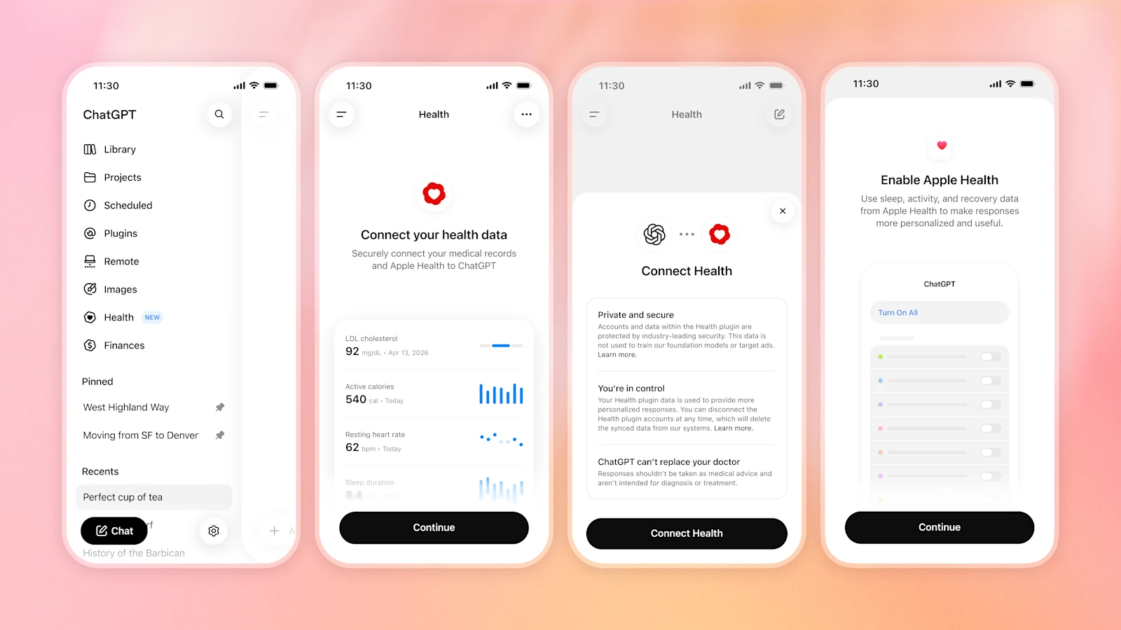 ChatGPT에서 Health를 열고 건강 데이터와 Apple Health를 연결하는 설정 화면