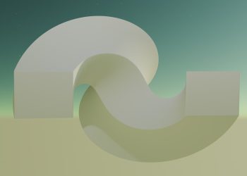 A digital abstract image featuring a 3D geometric shape with a gradient background.