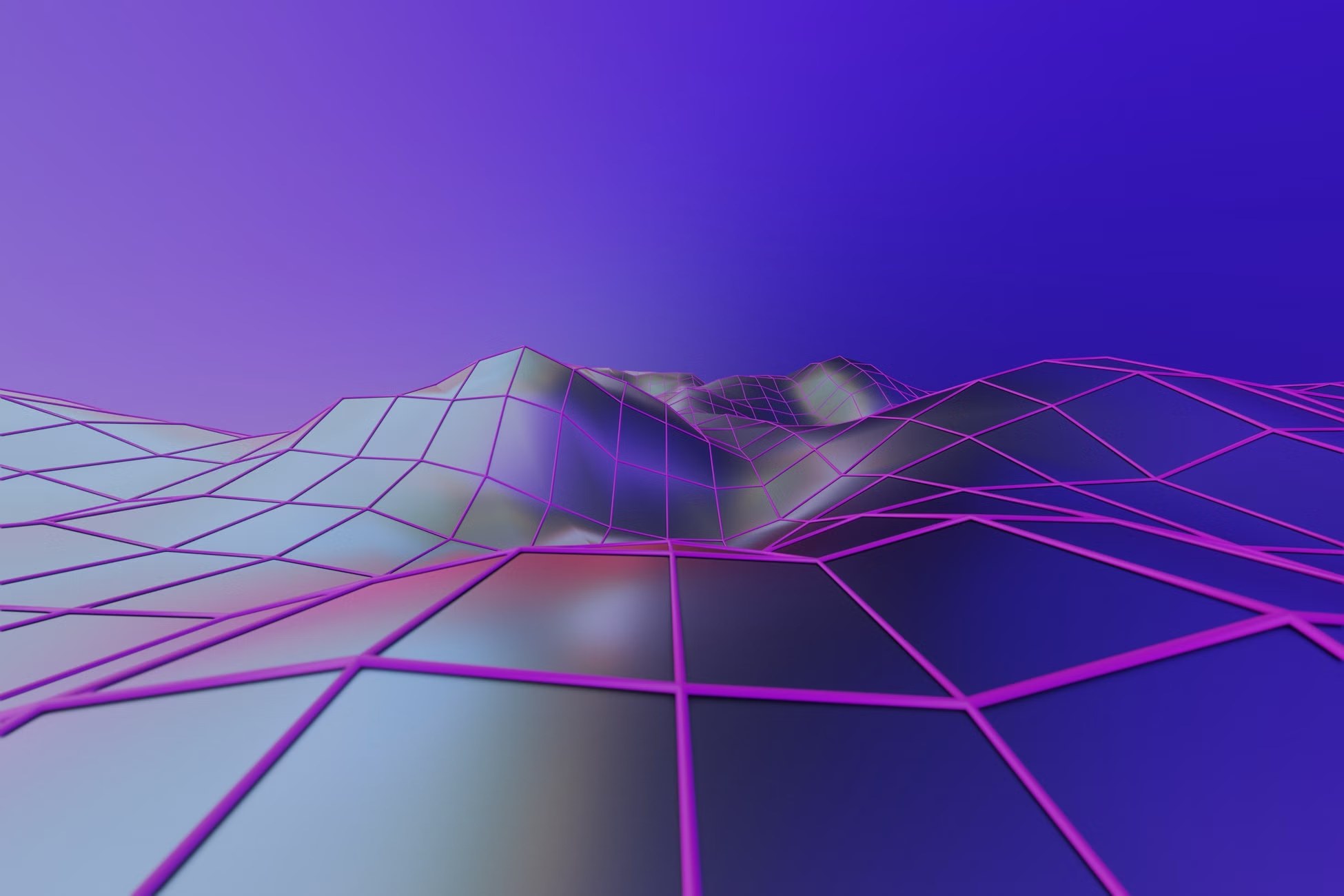 Abstract 3D geometric landscape with vibrant colors and futuristic digital style.
