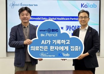 안동욱 미소정보기술 의장과 김종엽 카이랩 대표의 업무협약 기념사진