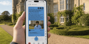 Thornbury Castle 앞에서 Wrinkles 앱을 사용하는 모습