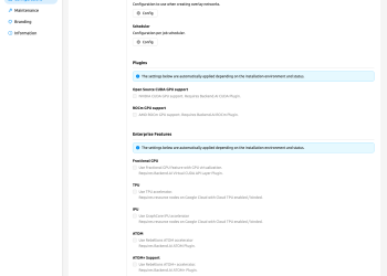 Backend.AI 설정 화면의 CUDA·ROCm 지원과 Fractional GPU 항목