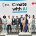뭄바이 IICT 극장 Create with AI 공개식에서 행사 참석자들이 무대 앞에 나란히 서서 기념촬영하는 모습. 인도 언론정보국(PIB) 2026「Four AI-enabled films unveiled under IICT-YouTube collaborative Create with AI programme」보도 사진. PIB 저작권 정책에 따라 출처를 명시해 이용하며 정확한 내용과 맥락을 유지해야 한다. 이용 조건: https://www.pib.gov.in/content/132_2_Copyright-Policy.aspx